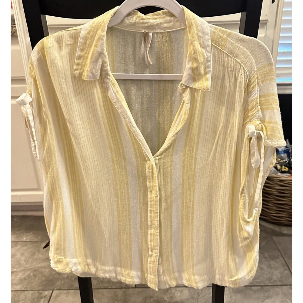 Free People Baby Blues Shirt Top Yellow White Striped Ruched Cap Sleeve S c5